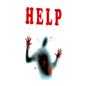 Macro detail of Halloween wall sticker with bloody handprints and Help text silhouette