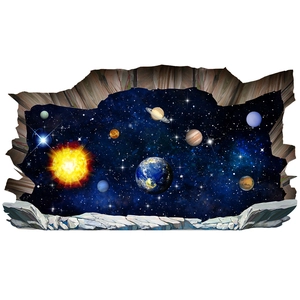 3D solar system planets wall decal with outer space galaxy and broken wall effect mural