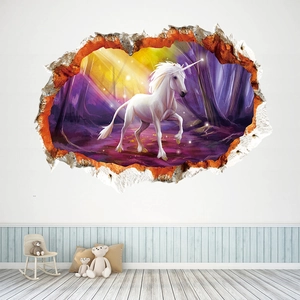 3D Aquarell Einhorn Wandtattoo für Kinderzimmer mit Durchbruch-Effekt und Wald-Motiv