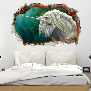 3D Wandtattoo Einhorn im Aquarell-Stil mit Waldszene für Schlafzimmer Dekoration