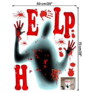 Detailed view of Halloween HELP wall decal with bloody handprints and 50x70cm dimensions