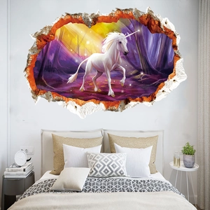3D-Aquarell-Einhorn-Wandtattoo mit weißem Einhorn in einem lila Fantasiewald-Dekor