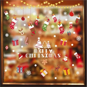 Merry Christmas stocking window decals with reindeer and gift box wall stickers