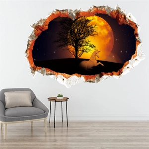 3D-Wandaufkleber mit Einhorn unter dem Vollmond für die Wohnzimmer-Wanddekoration