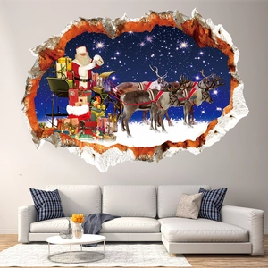 3D effect Christmas wall sticker featuring Santa on a sleigh with reindeer in the starry night