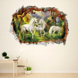 3D Wandtattoo Waldschloss Einhorn mit traumhaftem Wasserfall Dekor für Wohnzimmer