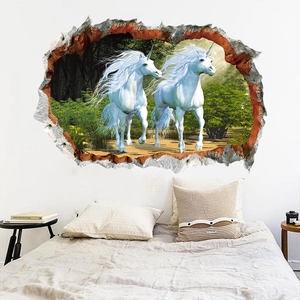 3D Wandtattoo Wanddurchbruch Einhorn für Schlafzimmer mit traumhafter Waldlandschaft