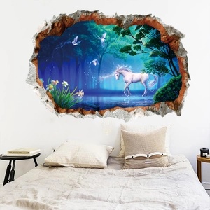 3D-Wandaufkleber magischer Wald mit leuchtendem Einhorn und Vögeln für das Schlafzimmer