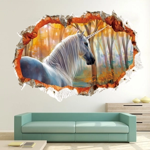 3D Aquarell Einhorn Wandtattoo mit realistischem Mauerdurchbruch für Wohnzimmerdeko