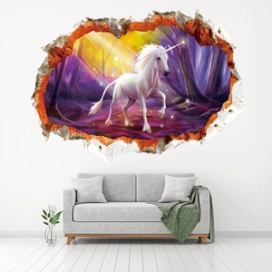 3D-Aquarell-Einhorn-Wandaufkleber mit Mauerdurchbruch-Effekt für Kinderzimmer