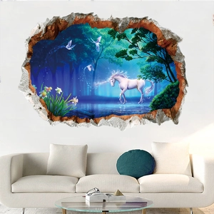 3D Wandtattoo Traumwald Einhorn mit Vögeln und leuchtendem Einhorn für das Wohnzimmer Dekor
