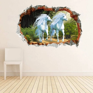 Detailansicht der 3D-Wandtattoos mit Einhornmotiv, Durchbruch-Effekt und Wald-Hintergrund