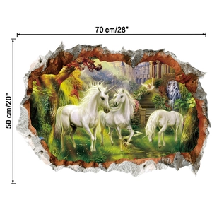 Makro-Detail von 3D-Aquarell-Einhorn-Wandtattoo mit Schloss-Design, Größe 70x50 cm