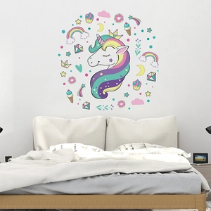 Cartoon rainbow unicorn wall decals for kids bedroom decor with stars and moon
