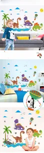 Detail showing cartoon dinosaur wall stickers in a kids bedroom decor setting