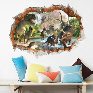 Detailed 3D dinosaur wall sticker with T-Rex and waterfall landscape for room decor