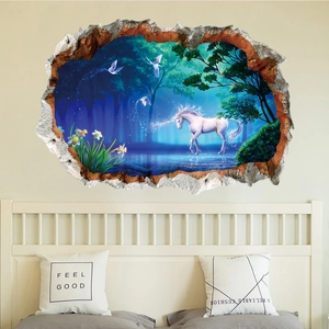 3D Wald Einhorn Wandaufkleber mit Mauerdurchbruch-Effekt für Wohn- und Schlafzimmer