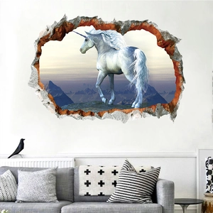 3D Wandtattoo Einhorn mit Wanddurchbruch und Berglandschaft für Wohnzimmer Deko