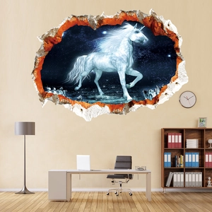 3D-Wandsticker mit traumhaftem Einhorn und Sternenhimmel, der durch die Wand bricht