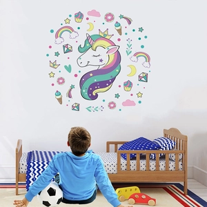 Rainbow unicorn wall decals set for kids room featuring cartoon stars and cupcakes
