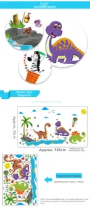 Detailed cartoon dinosaur wall decals showing dimensions and cute animal illustrations