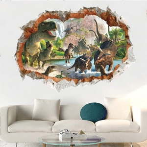 Detailed 3D dinosaur wall sticker with realistic jungle scenery and broken wall effect