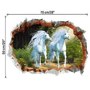 3D Wandtattoo mit weißen Einhörnern im Wald, 70x50cm kreative Kinderzimmer Deko