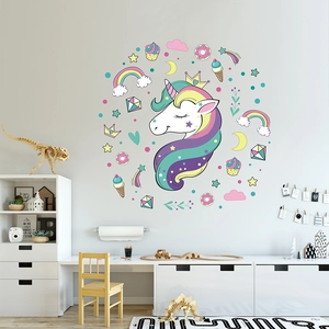 Cartoon rainbow unicorn wall stickers in macaron colors for kids bedroom decoration