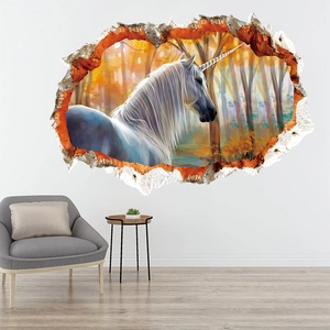 3D Wandaufkleber mit Aquarell Einhorn im Wald für Kinderzimmer und Wohnzimmer