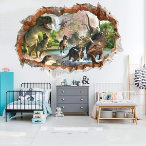 Detailed 3D dinosaur wall sticker featuring a jungle landscape for kids' room decoration