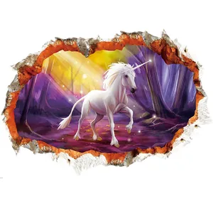 3D-Aquarell-Einhorn-Wandsticker mit magischem lila Wald für Kinderzimmerdekoration