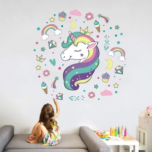 Cute pink cartoon unicorn wall sticker decals set for kids bedroom and nursery decoration