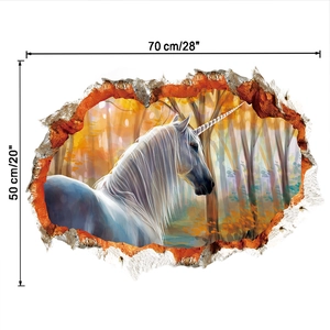 Detailliertes 3D Wandtattoo mit Einhorn im Herbstwald, 70 x 50 cm zur Wanddekoration im Haus