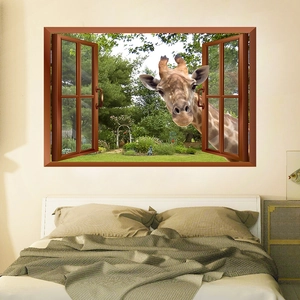 3D wall sticker featuring a giraffe peeking through a wooden window into a lush garden