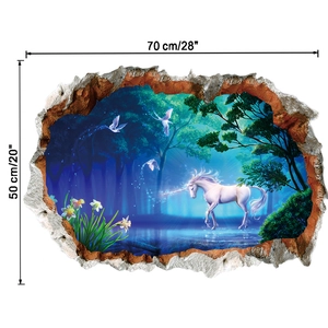 Detailansicht der 70x50cm Maße für 3D Phantasie Wald Einhorn Wandaufkleber