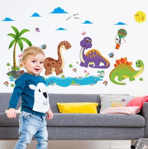 Colorful cartoon dinosaur wall stickers for kids room with trees and hot air balloon