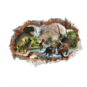 3D dinosaur wall sticker with T-Rex and Triceratops showing a broken wall visual effect
