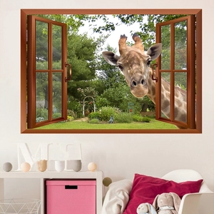 Detailed view of 3D window wall sticker featuring a giraffe peeking through a wooden frame