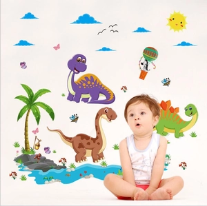 Cartoon dinosaur wall sticker set with hot air balloons and palm trees for kids room decor