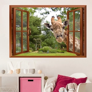 3D open window wall sticker with giraffe and garden view for children room decor