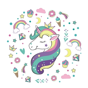 Cartoon rainbow unicorn wall stickers set with cupcakes and stars for kids room decor