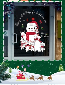 Detail of Christmas window stickers featuring snowman, reindeer, and festive animals