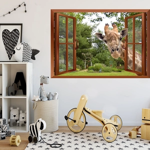 3D wall sticker window view showing a giraffe in a children room with cozy wood decor