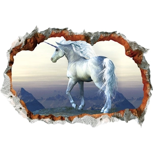 3D-Wandtattoo mit weißem Einhorn auf Felsen und realistischem Durchbruch-Effekt an der Wand