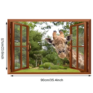 3D wall sticker dimensions 90x57cm showing a giraffe through a wooden window frame