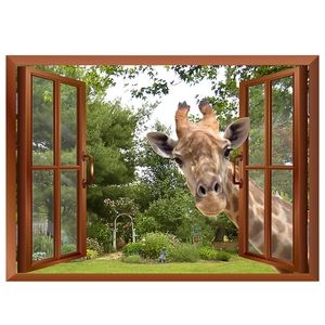 3D wall sticker with wooden window frame design and giraffe in nature garden scene