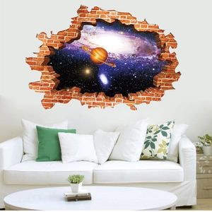 3D wall sticker detail of galaxy planet through a broken red brick wall over a white sofa
