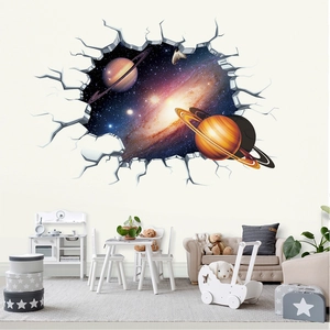 3D outer space wall sticker featuring Saturn and nebula with a broken wall effect