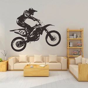 Black motocross rider silhouette wall decal with number 124 for living room decor
