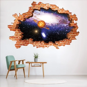 3D brick wall crack wall sticker featuring a galaxy starry sky and Saturn planet decor